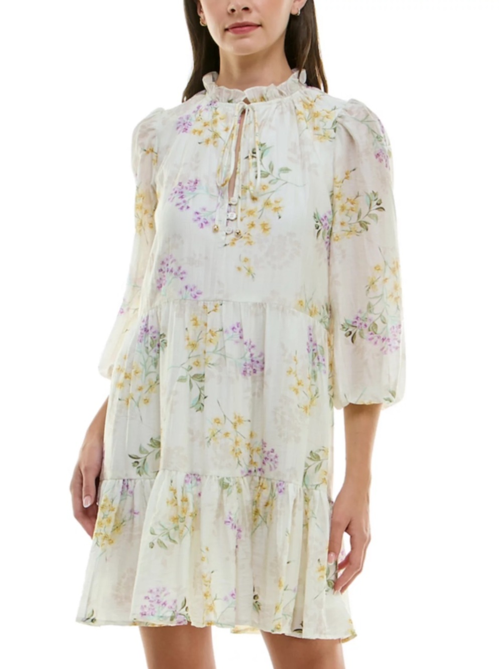 Taylor Ivory Floral Ruffle Tie-Front Mini Dress